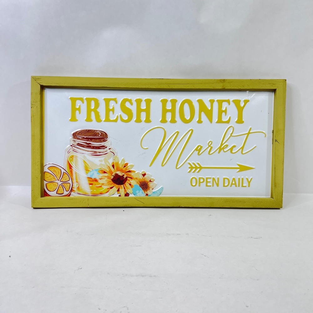Fresh Honey Market Embossed Metal Wall Sign Framed Yellow Rustic Farmhouse Decor
